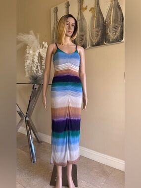 Multi-Stripe V-Neck Sleeveless Maxi Dress - Blue, Teal & Purple